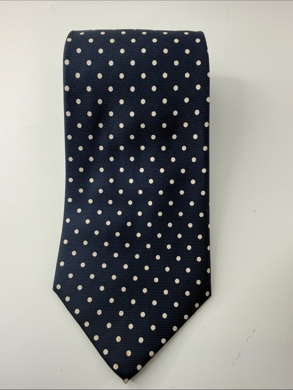 Ralph Lauren Navy Tie Silver Polka Dots, made by hand in the USA 100% silk